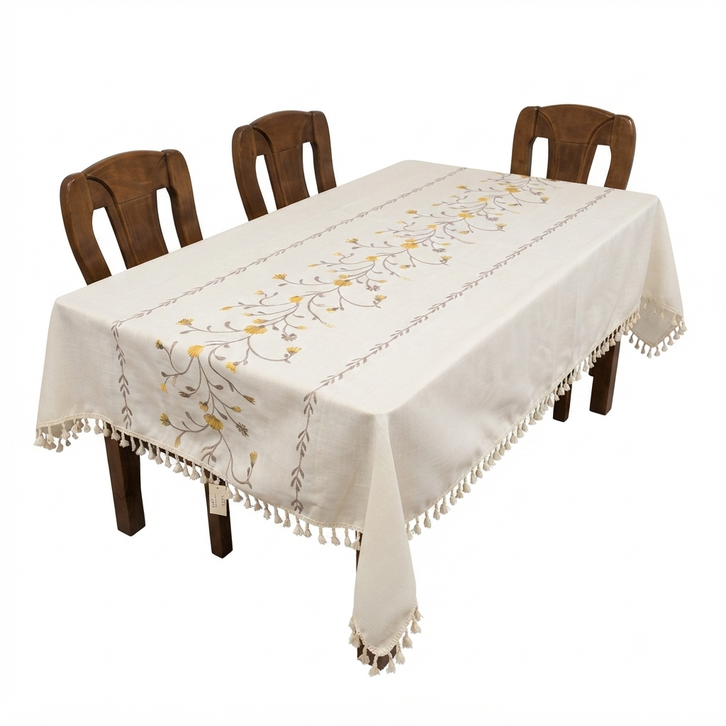 Golden Floral Embroidered Tablecloth with Tassel Trim