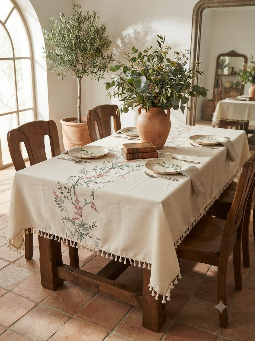 Embroidered Linen Tablecloth with Pink Floral & Tassel Trim