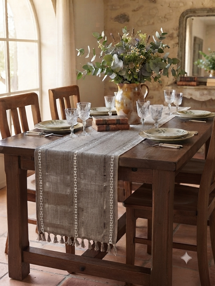 Linen Embroidered Diamond Table Runner