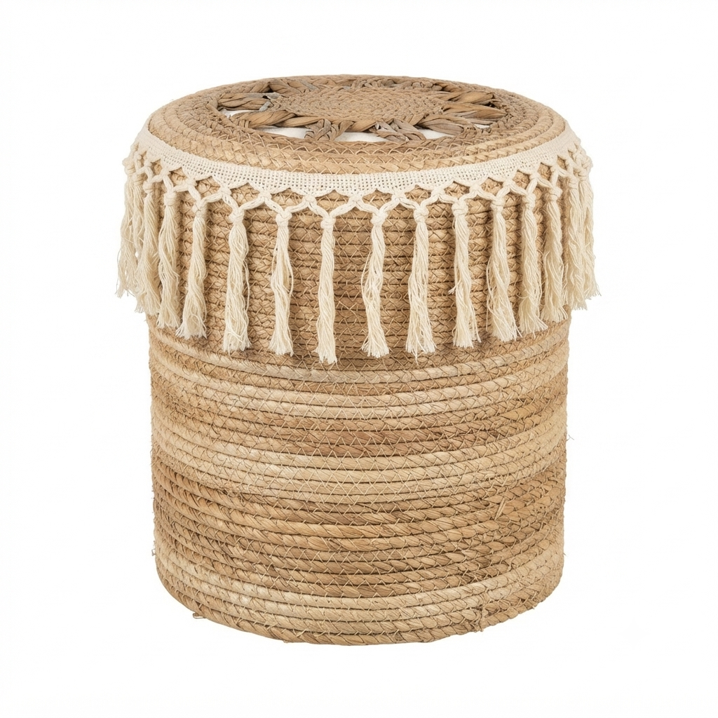 Boho Woven Straw Stool with Tassels