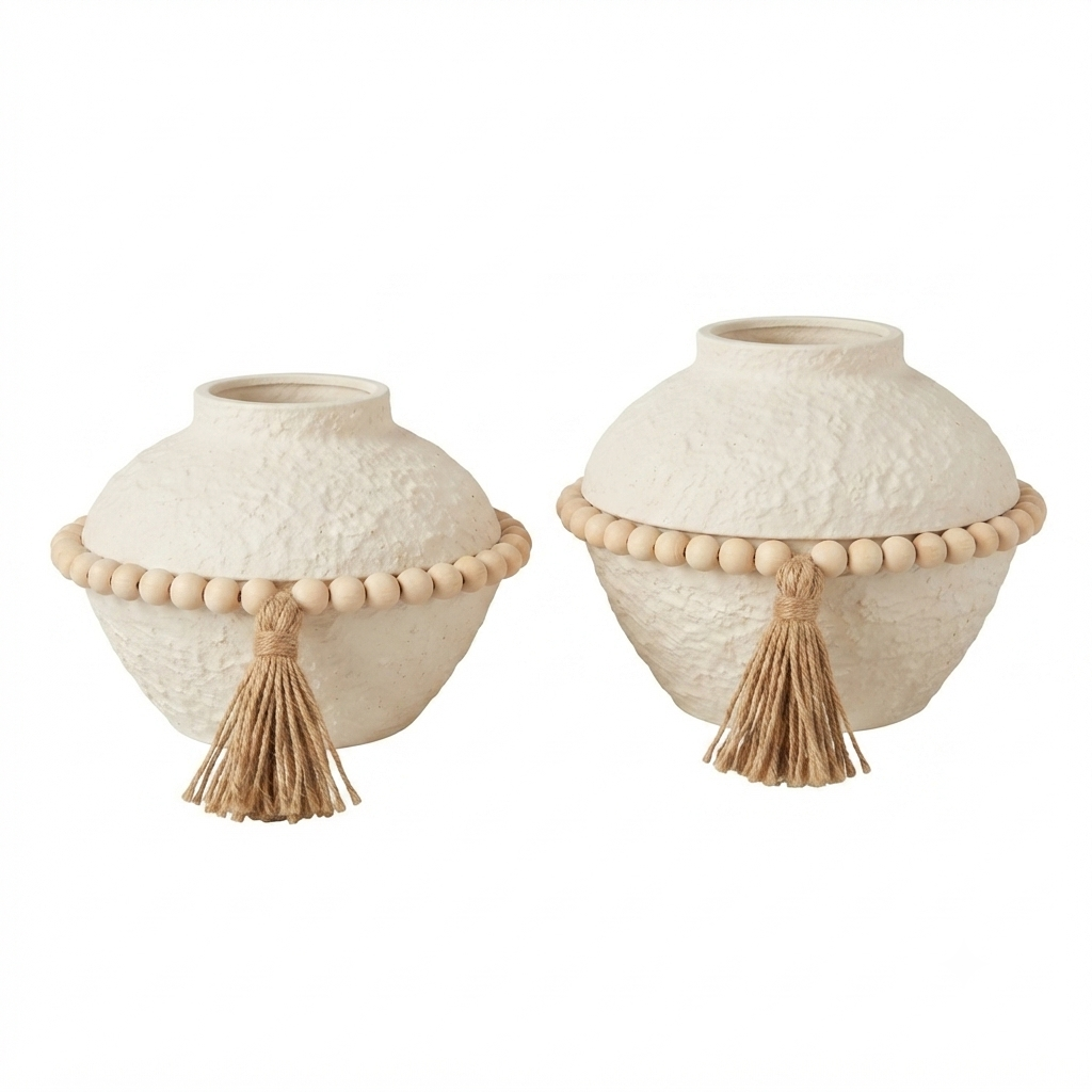 Boho Round Ceramic Vase with Wooden Beads & Tassel