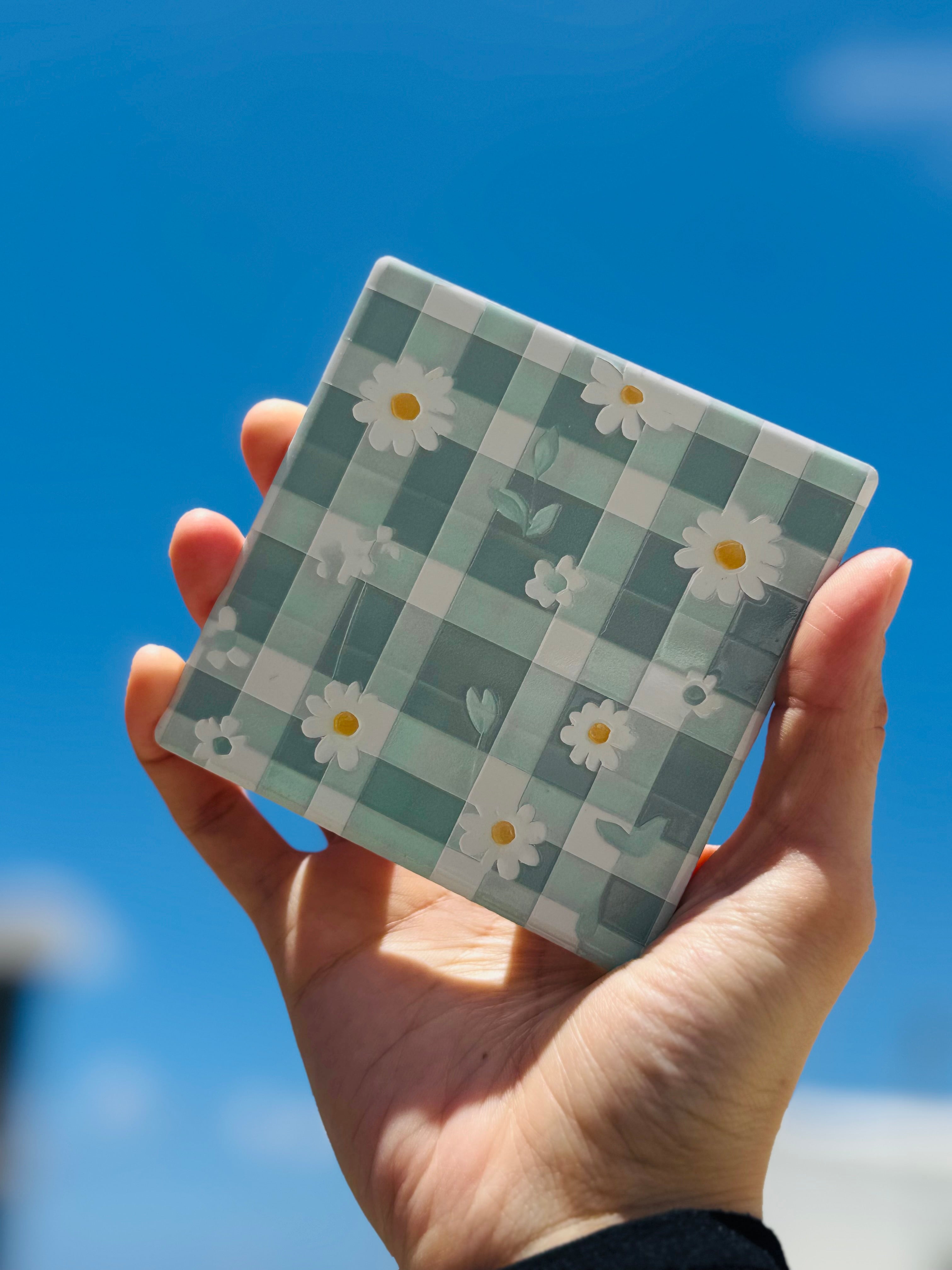 Daisy Gingham Ceramic Coaster