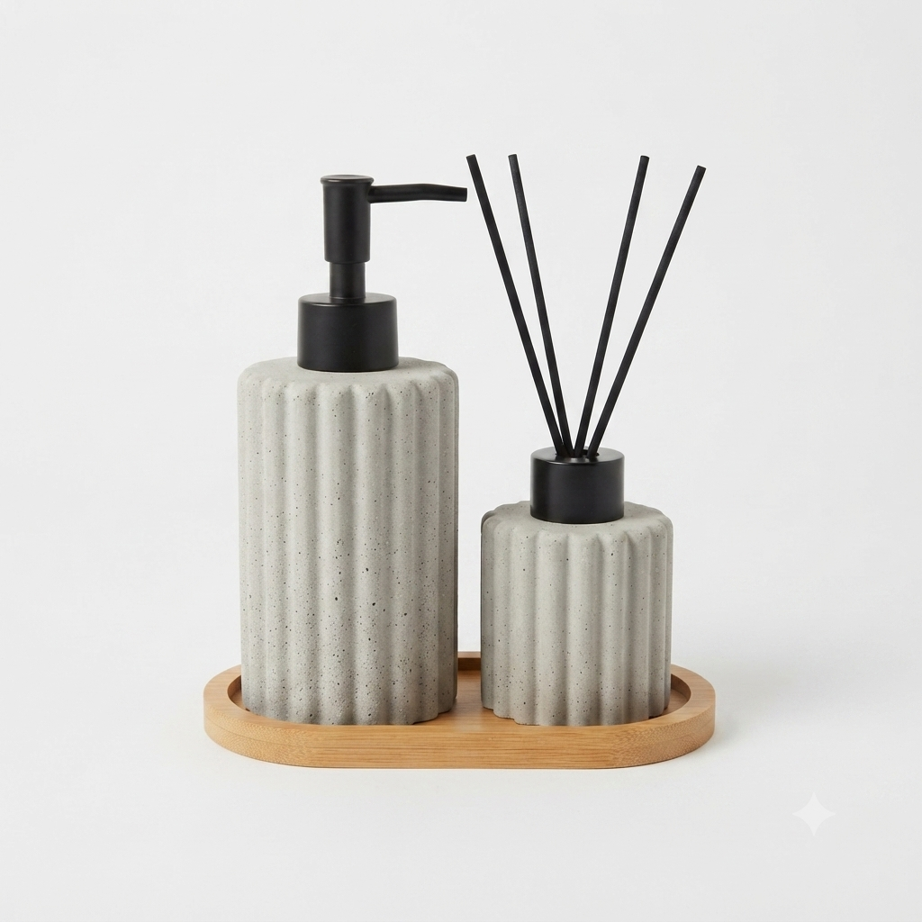 Ceramic Soap Dispenser & Diffuser Set with Bamboo Tray