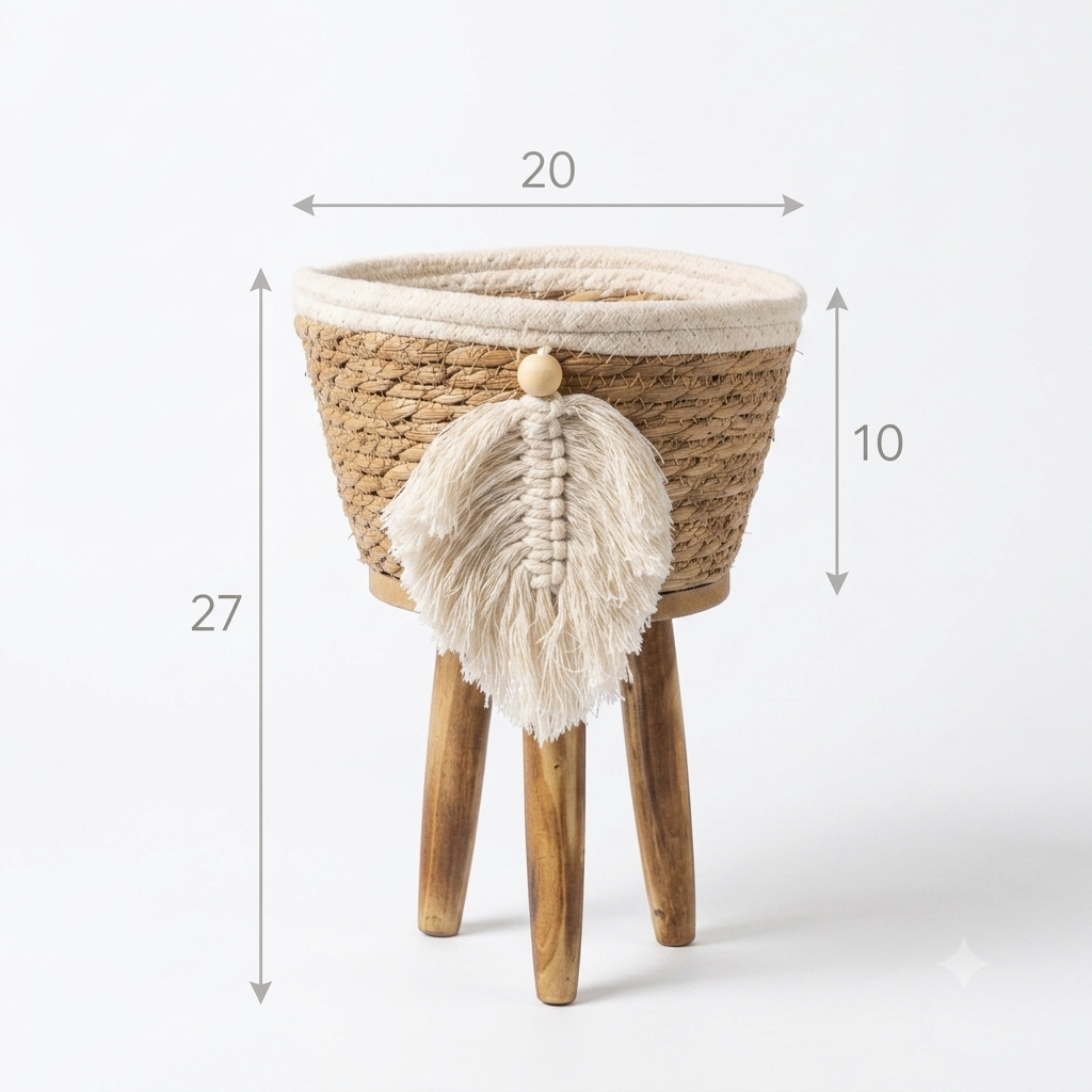 Boho Seagrass Planter Set with Wooden Legs – Set of 3