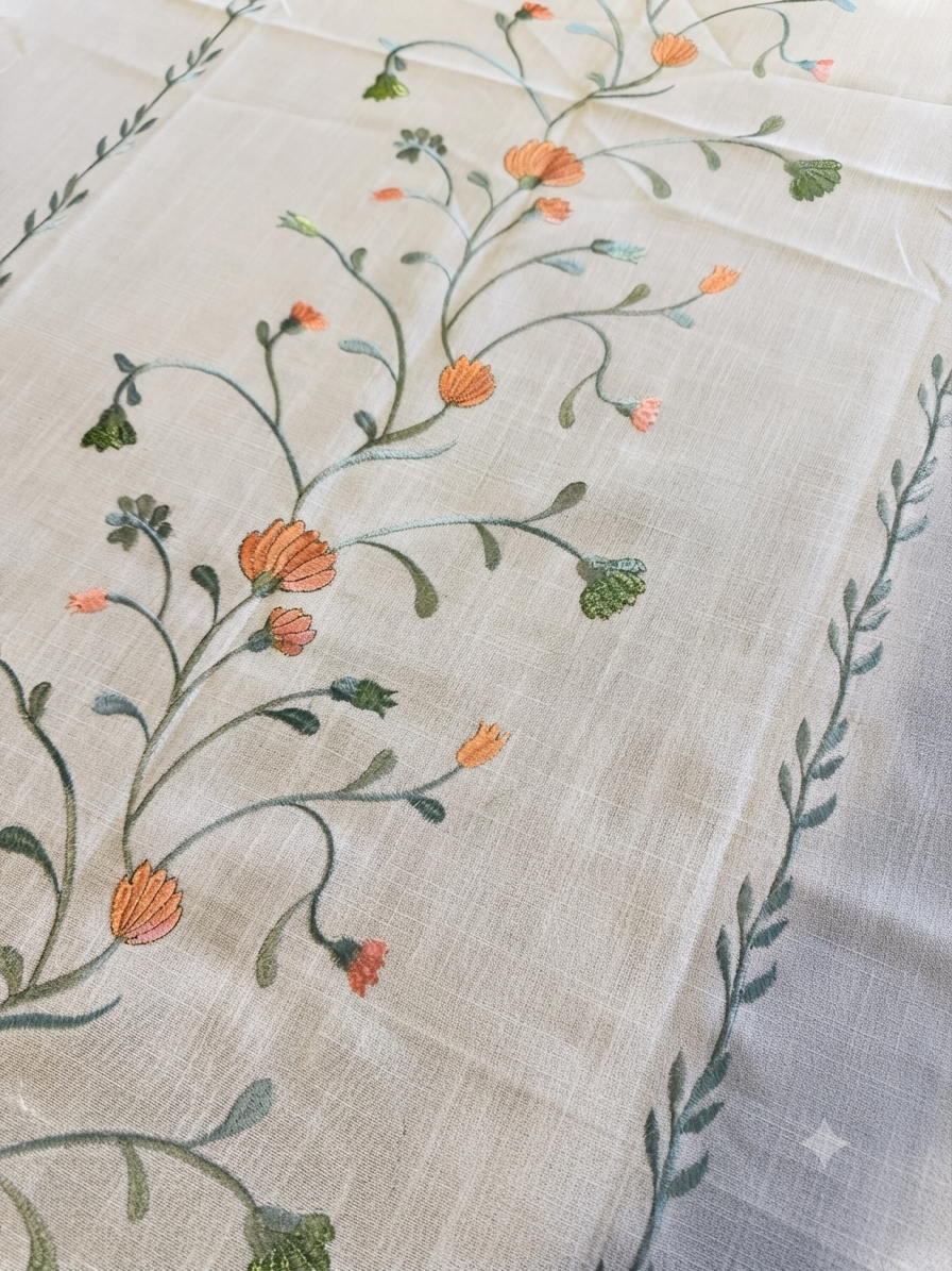 Embroidered Linen Tablecloth with Orange Floral & Tassel Trim