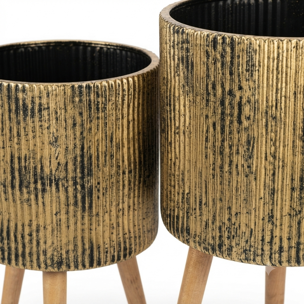 Gold Ribbed Planter Set with Wooden Legs
