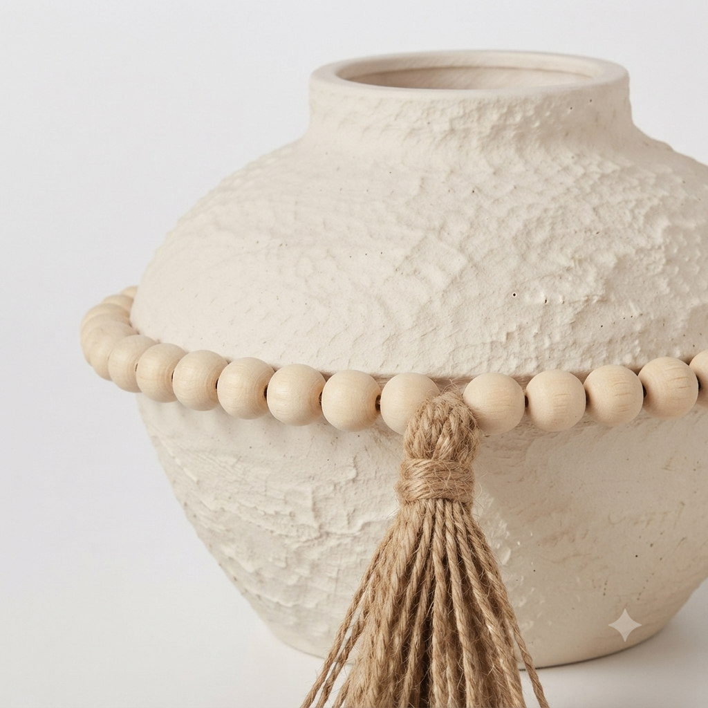 Boho Round Ceramic Vase with Wooden Beads & Tassel