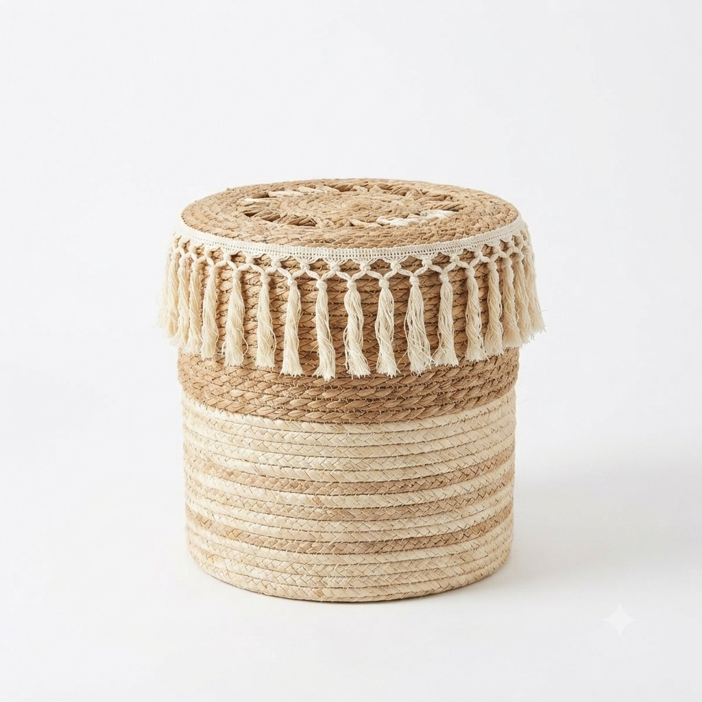 Boho Woven Straw Stool with Tassels