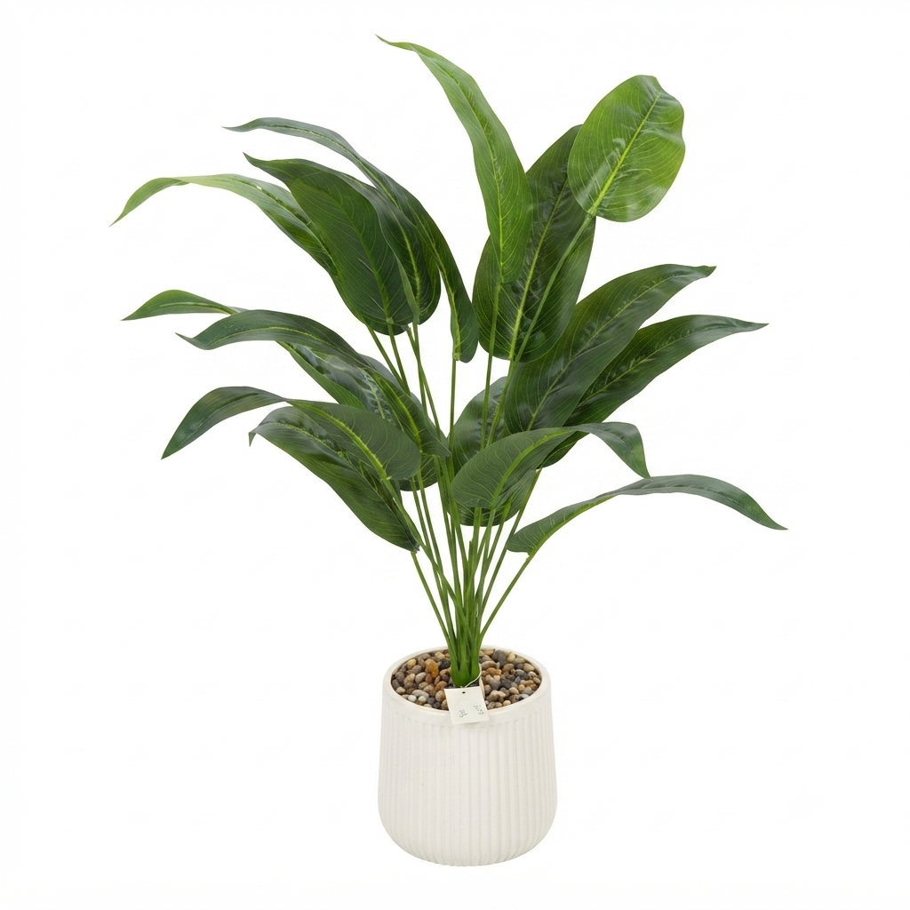 Artificial Bird of Paradise Plant in White Ribbed Plastic Pot