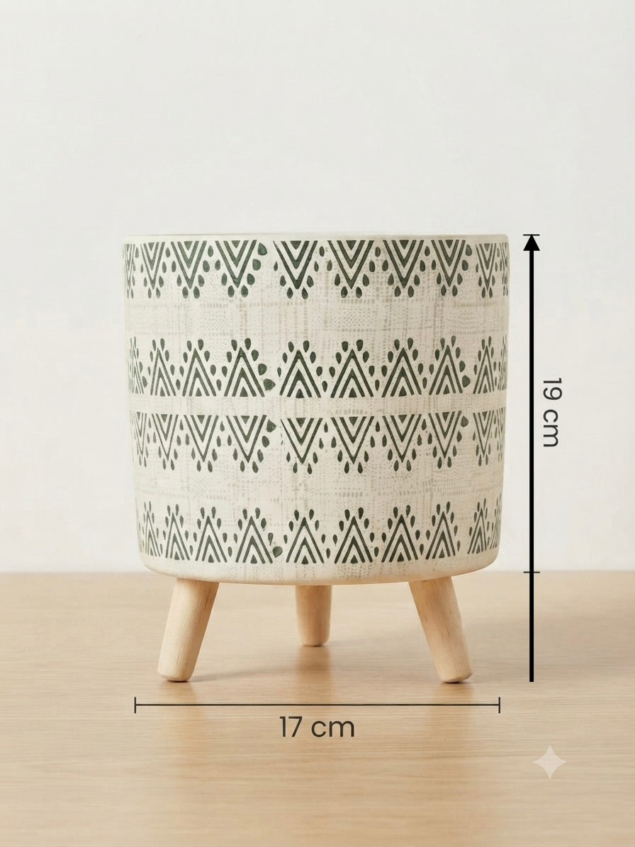 Boho Ceramic Planter with Wooden Legs