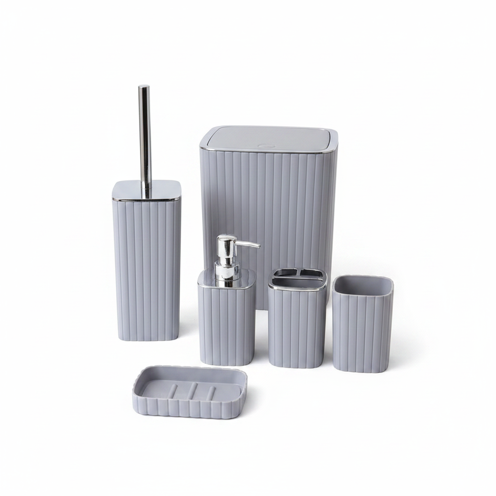 Ribbed Bathroom Set 6-Piece - Grey & Chrome