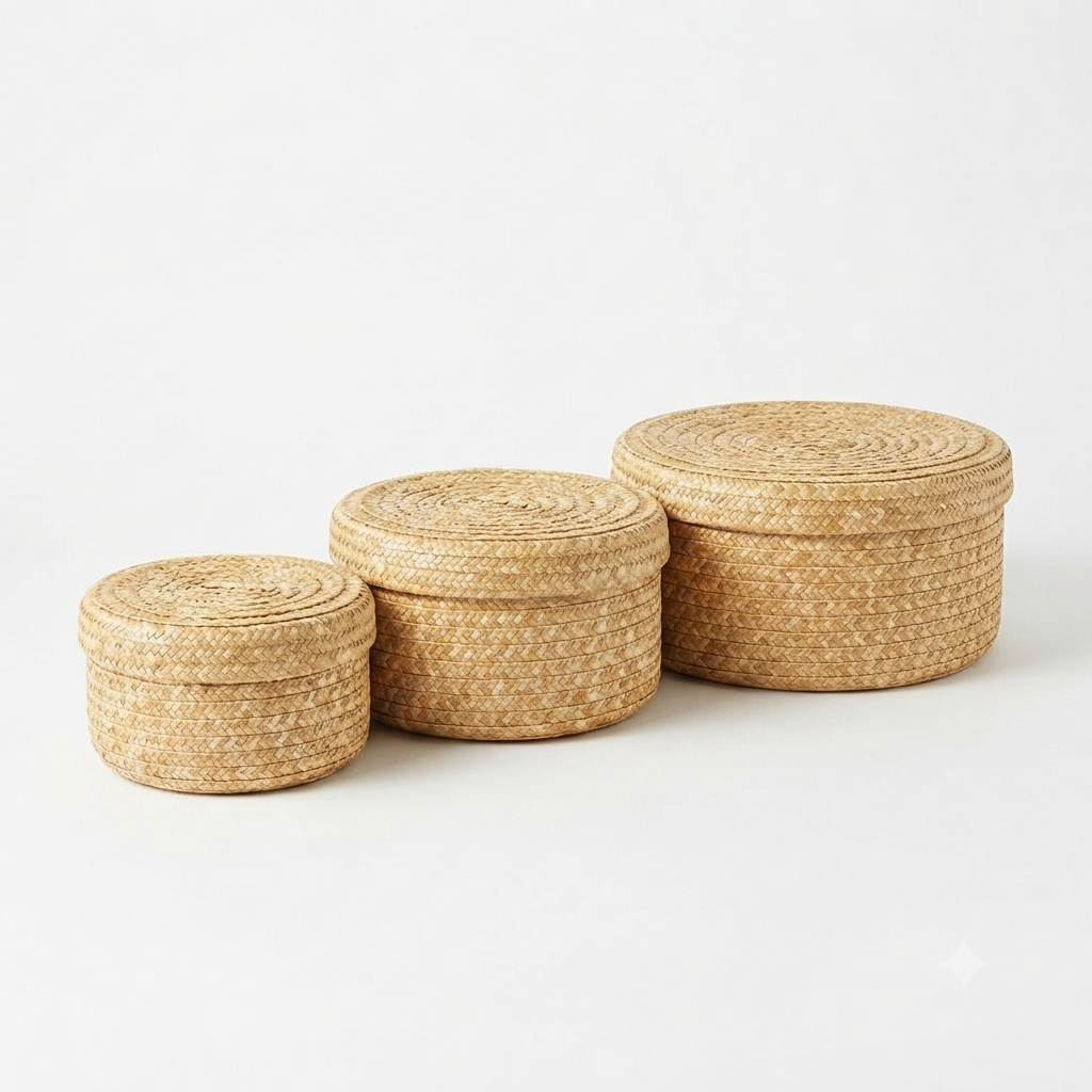 In0019 Round Woven Baskets with Lid Set of 3