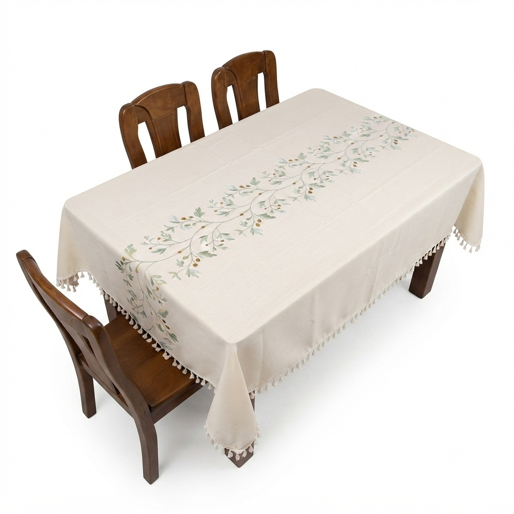Embroidered Linen Tablecloth with Olive Branch & Tassel Trim