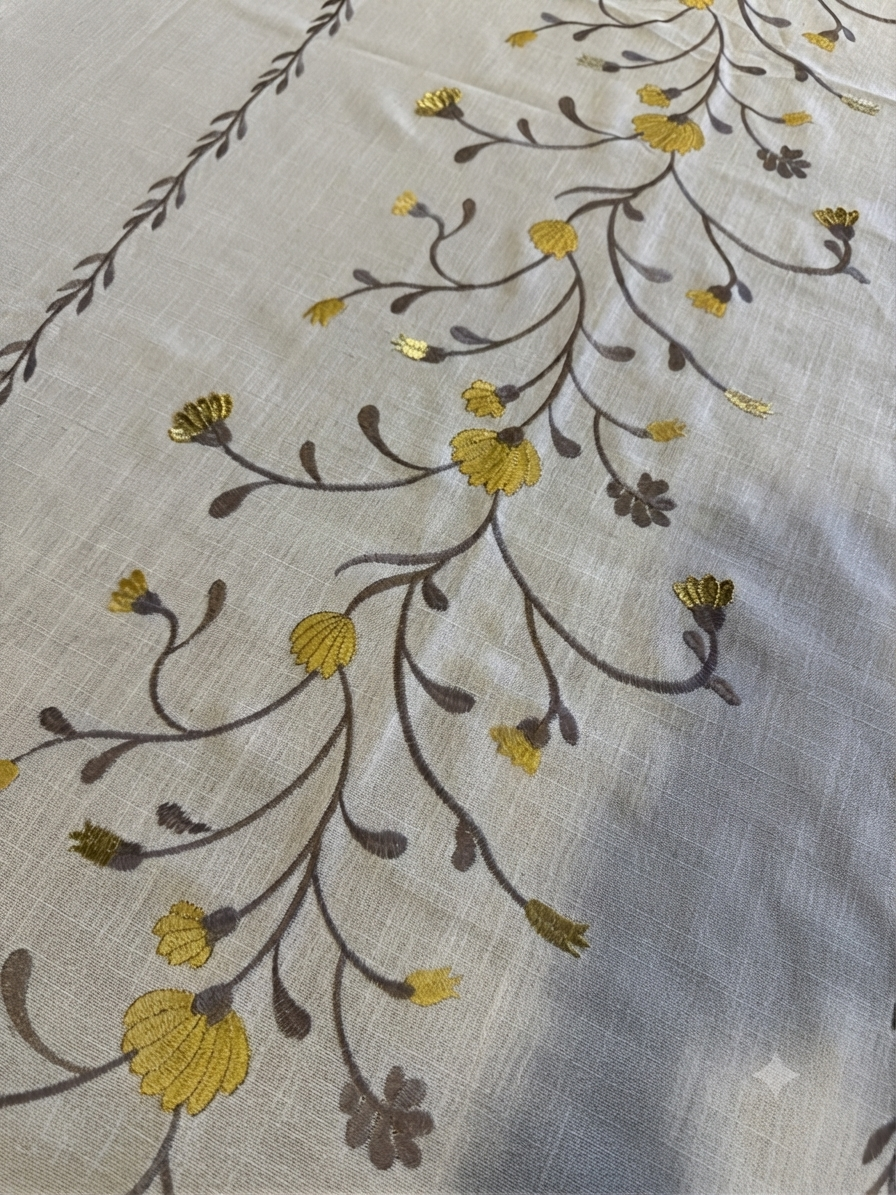 Golden Floral Embroidered Tablecloth with Tassel Trim
