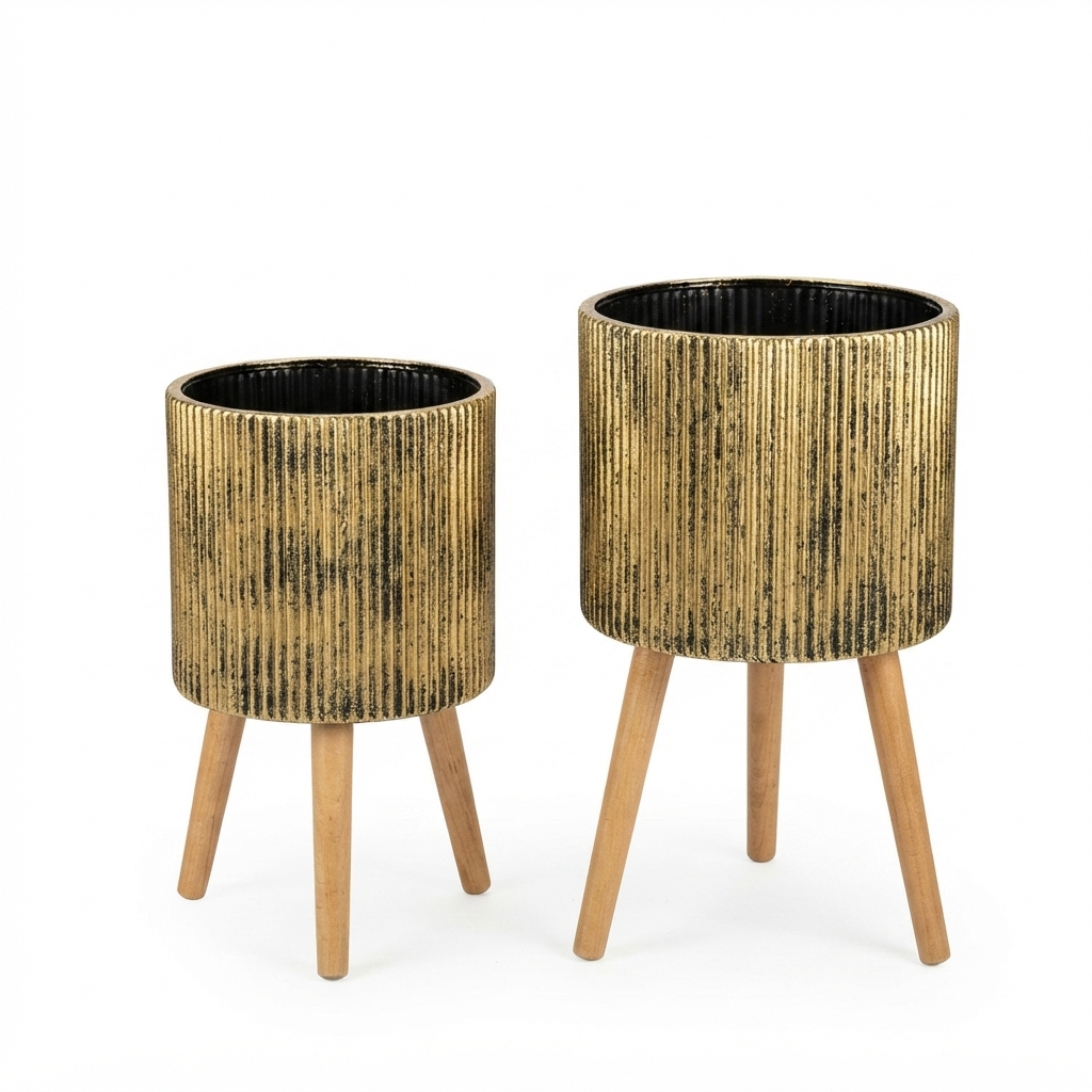 Gold Ribbed Planter Set with Wooden Legs