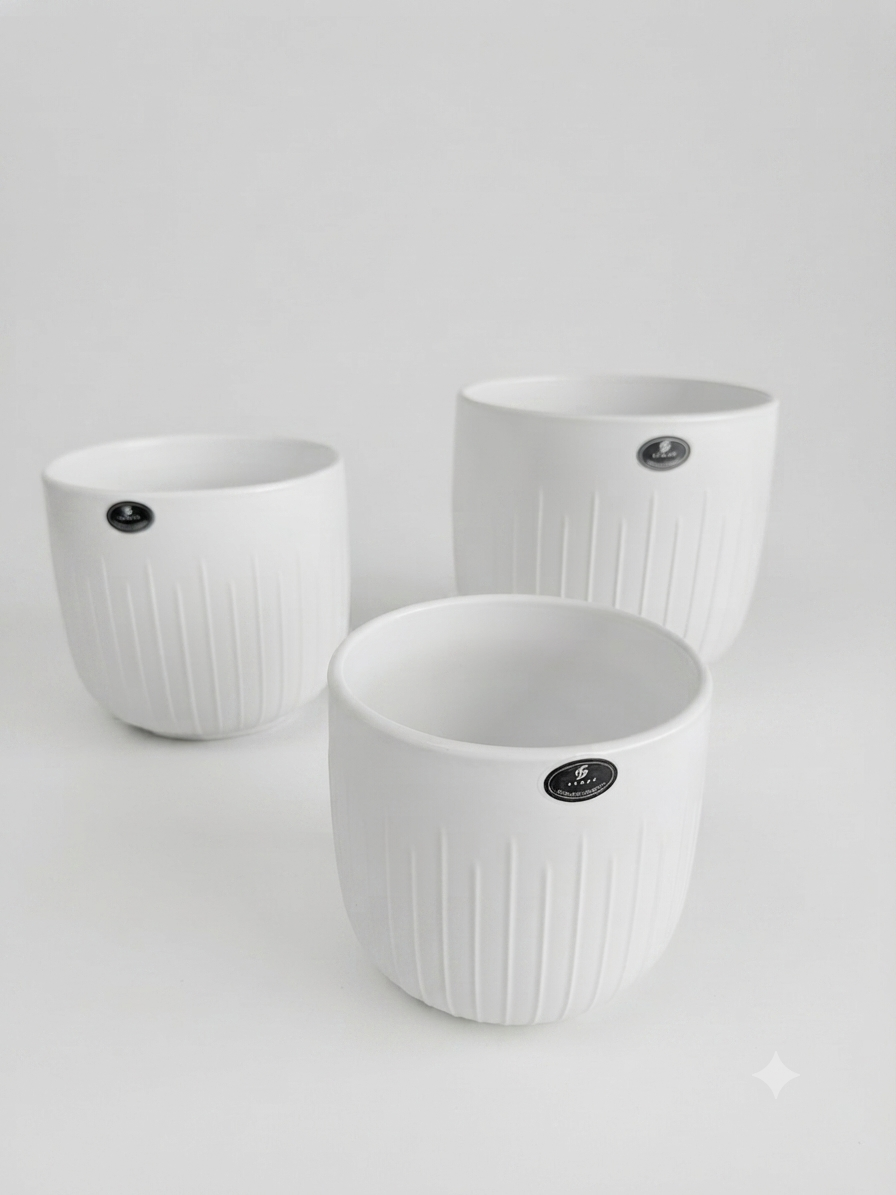 Vertical Ribbed White Ceramic Planter 3pcs