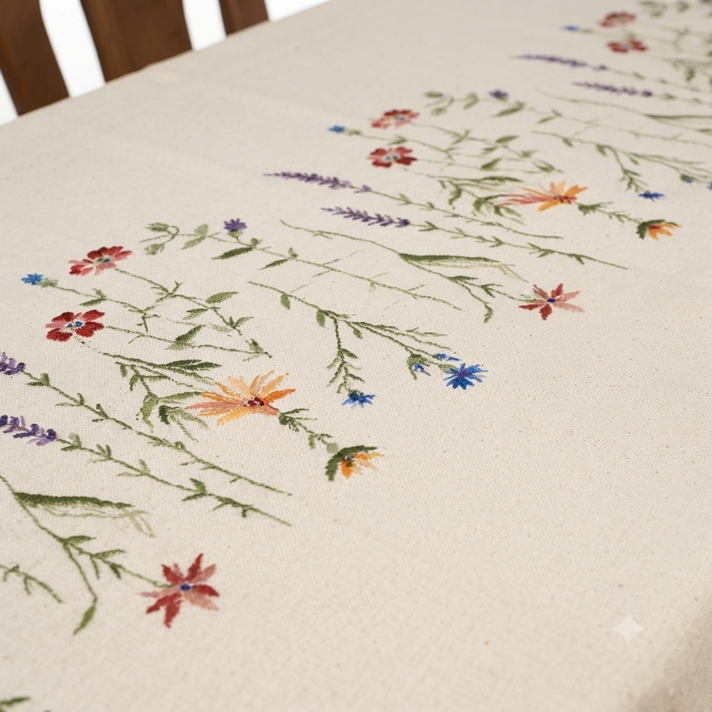 Embroidered Linen Tablecloth with Wildflower Garden & Tassel Trim