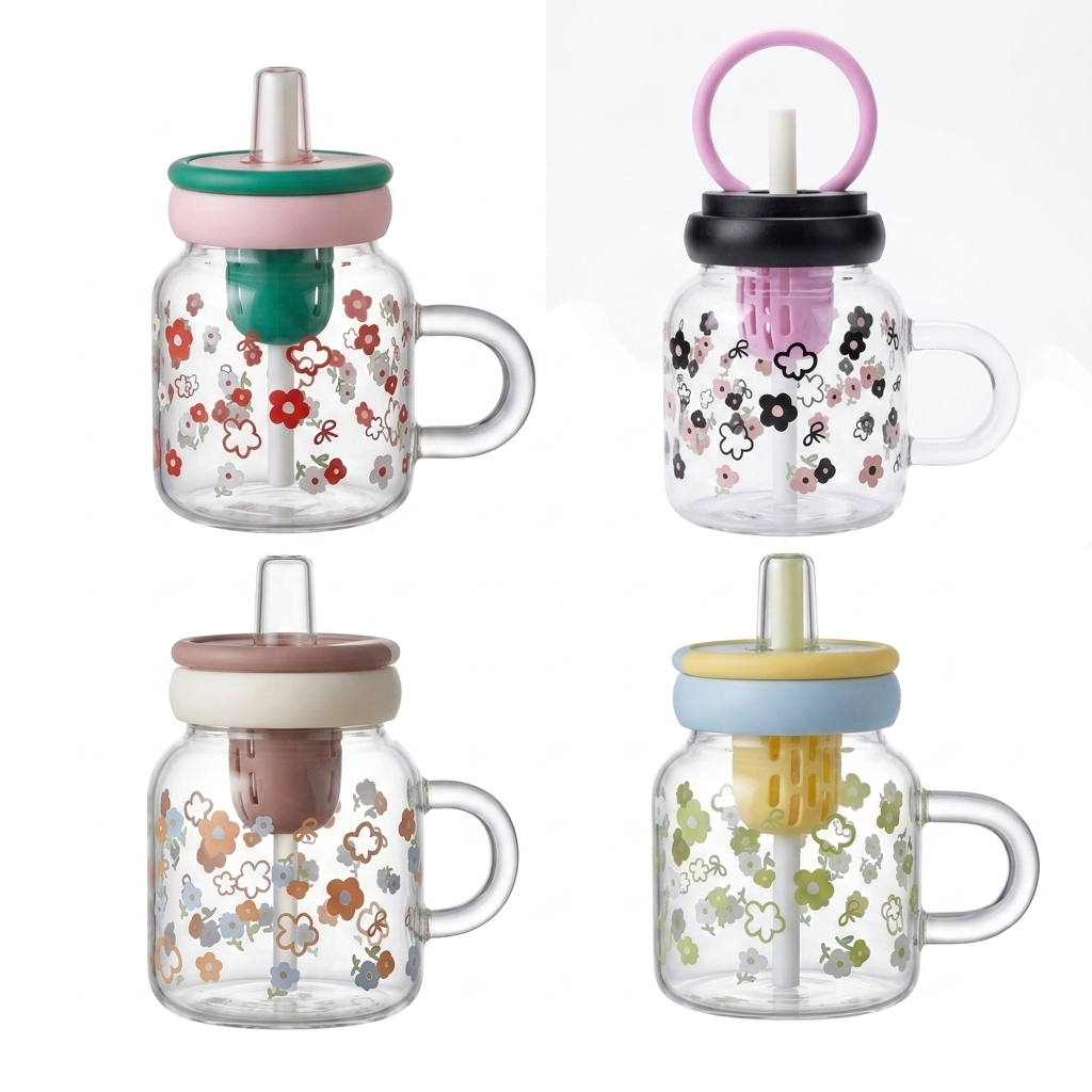 Floral Glass Mug with Straw & Lid