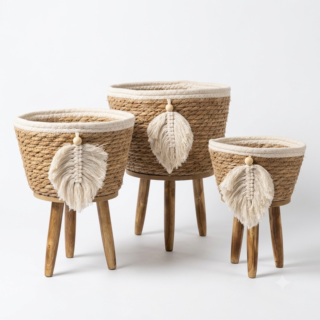 Boho Seagrass Planter Set with Wooden Legs – Set of 3