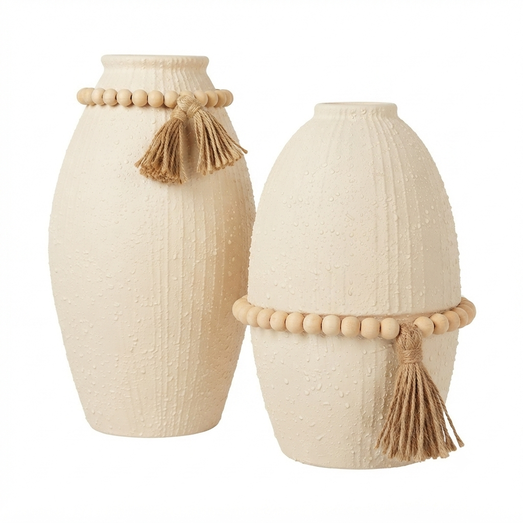 Boho Ceramic Vase with Wooden Beads & Tassel