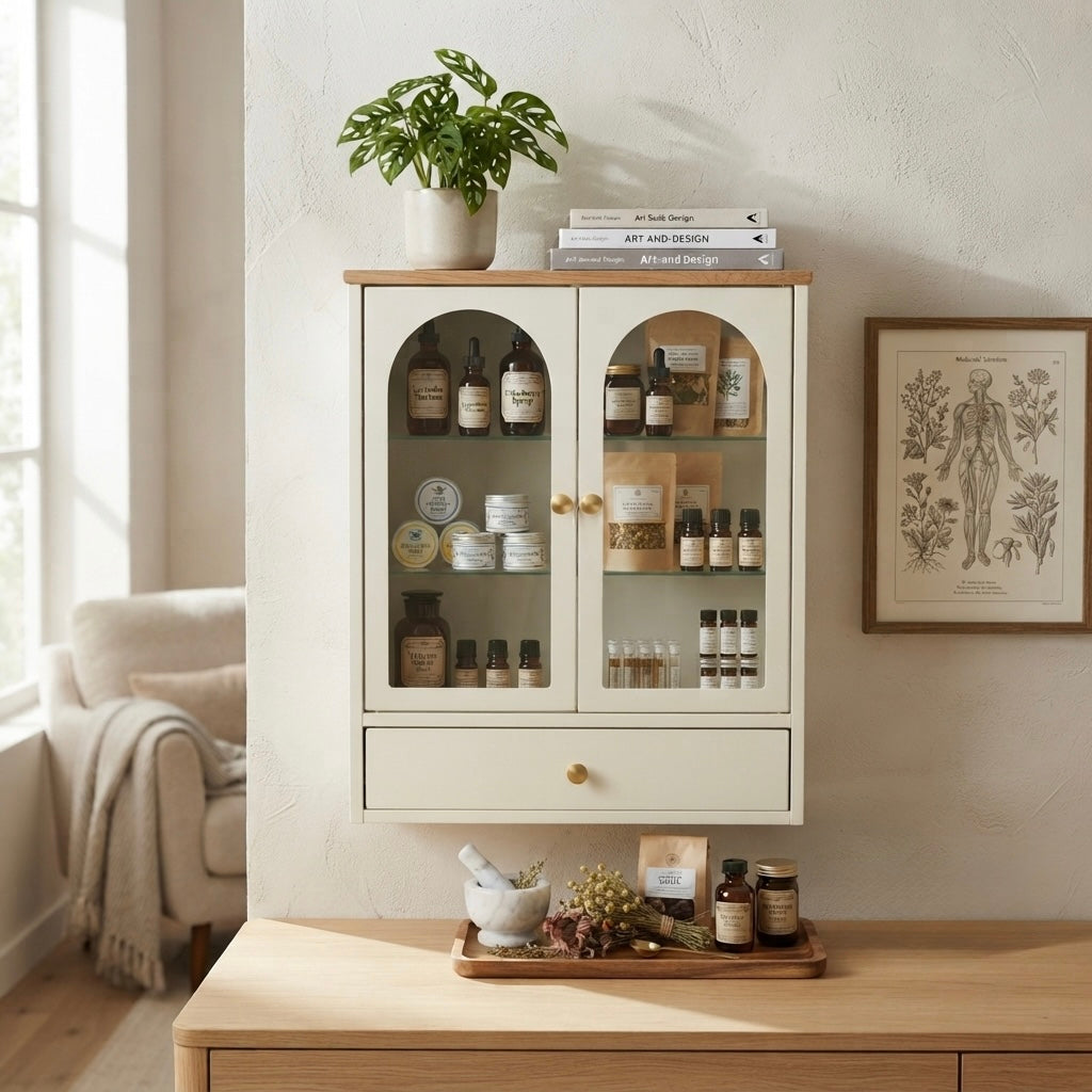 Arch Glass Cabinet with Drawer