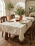 Golden Floral Embroidered Tablecloth with Tassel Trim