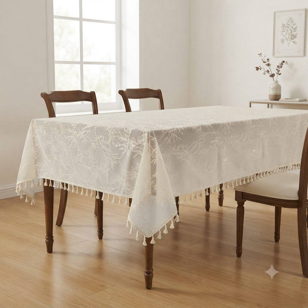 Lace Tablecloth with Delicate Branch Pattern & Tassel Trim