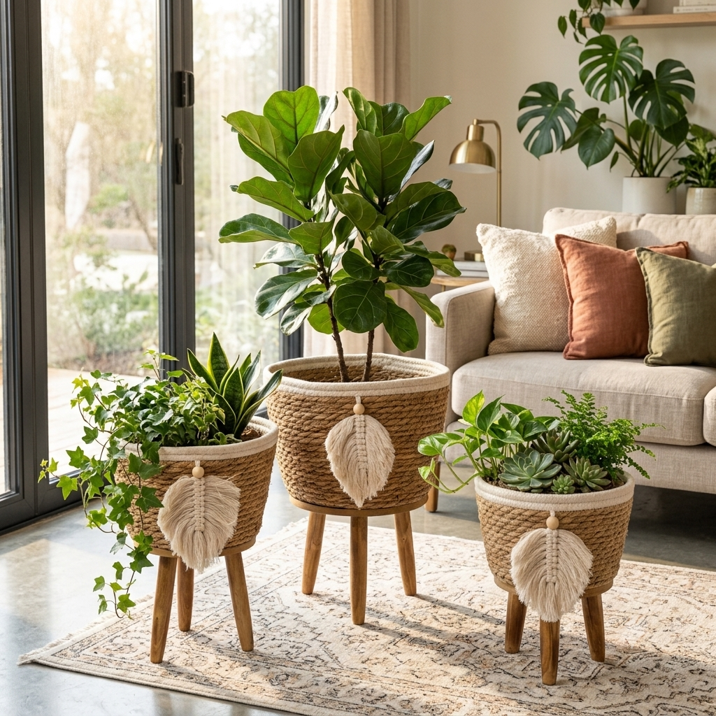 Boho Seagrass Planter Set with Wooden Legs – Set of 3