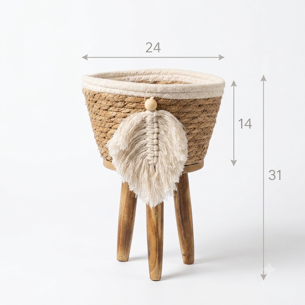 Boho Seagrass Planter Set with Wooden Legs – Set of 3