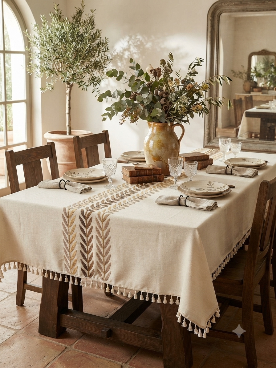Embroidered Linen Tablecloth with Wheat Leaf & Tassel Trim