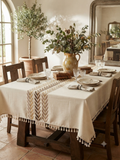 Embroidered Linen Tablecloth with Wheat Leaf & Tassel Trim