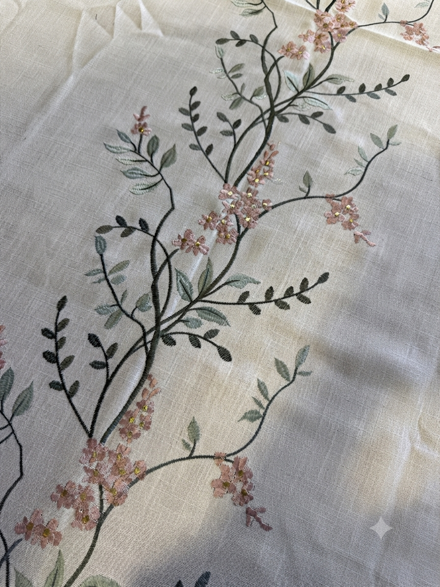 Embroidered Linen Tablecloth with Pink Floral & Tassel Trim