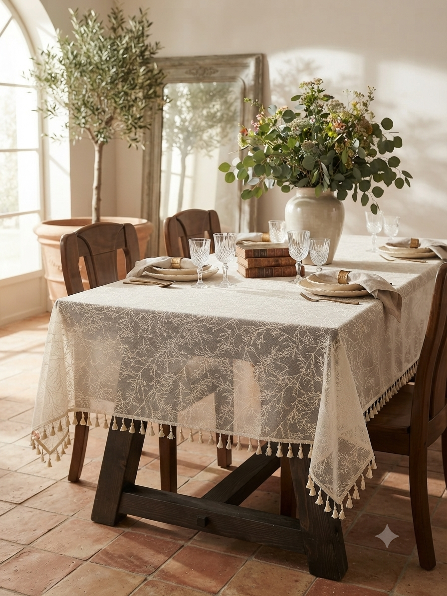 Lace Tablecloth with Delicate Branch Pattern & Tassel Trim