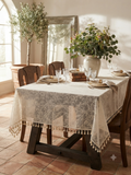 Lace Tablecloth with Delicate Branch Pattern & Tassel Trim
