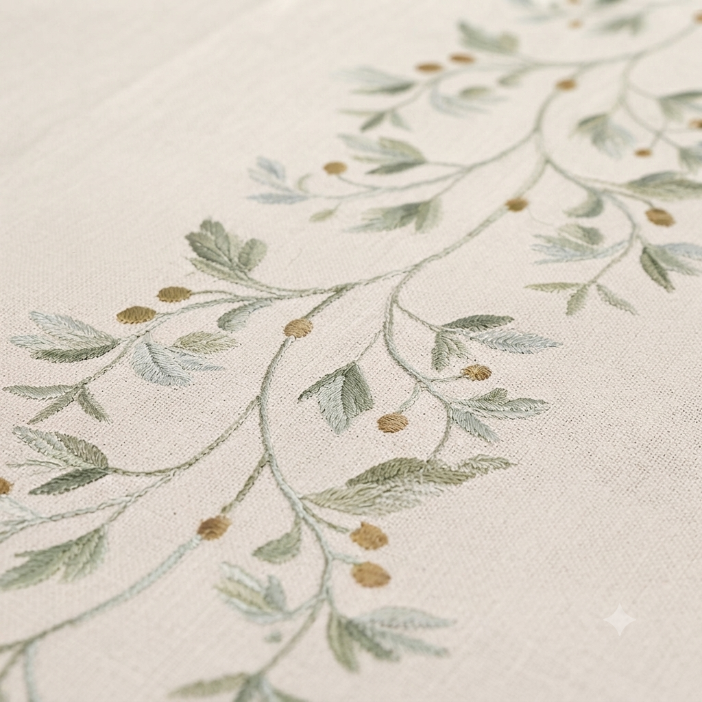 Embroidered Linen Tablecloth with Olive Branch & Tassel Trim