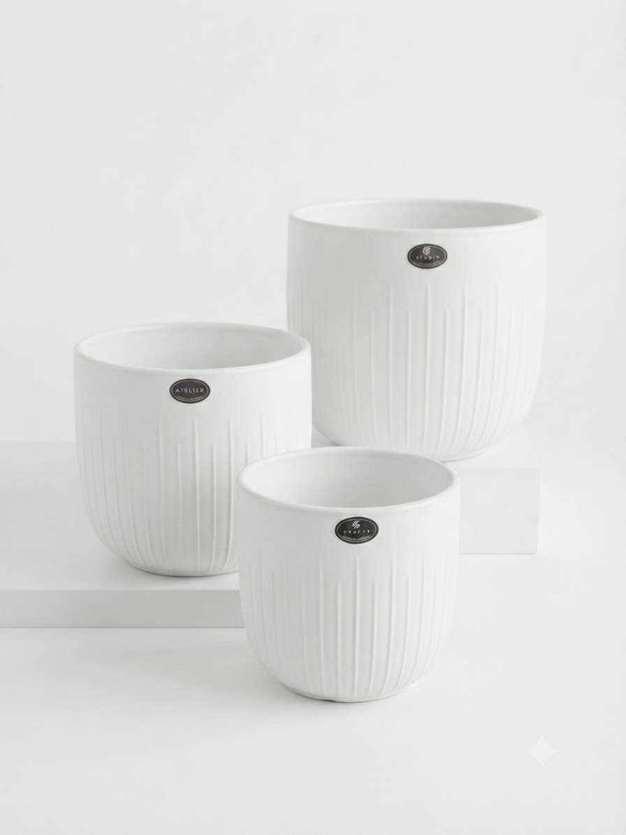 Vertical Ribbed White Ceramic Planter 3pcs