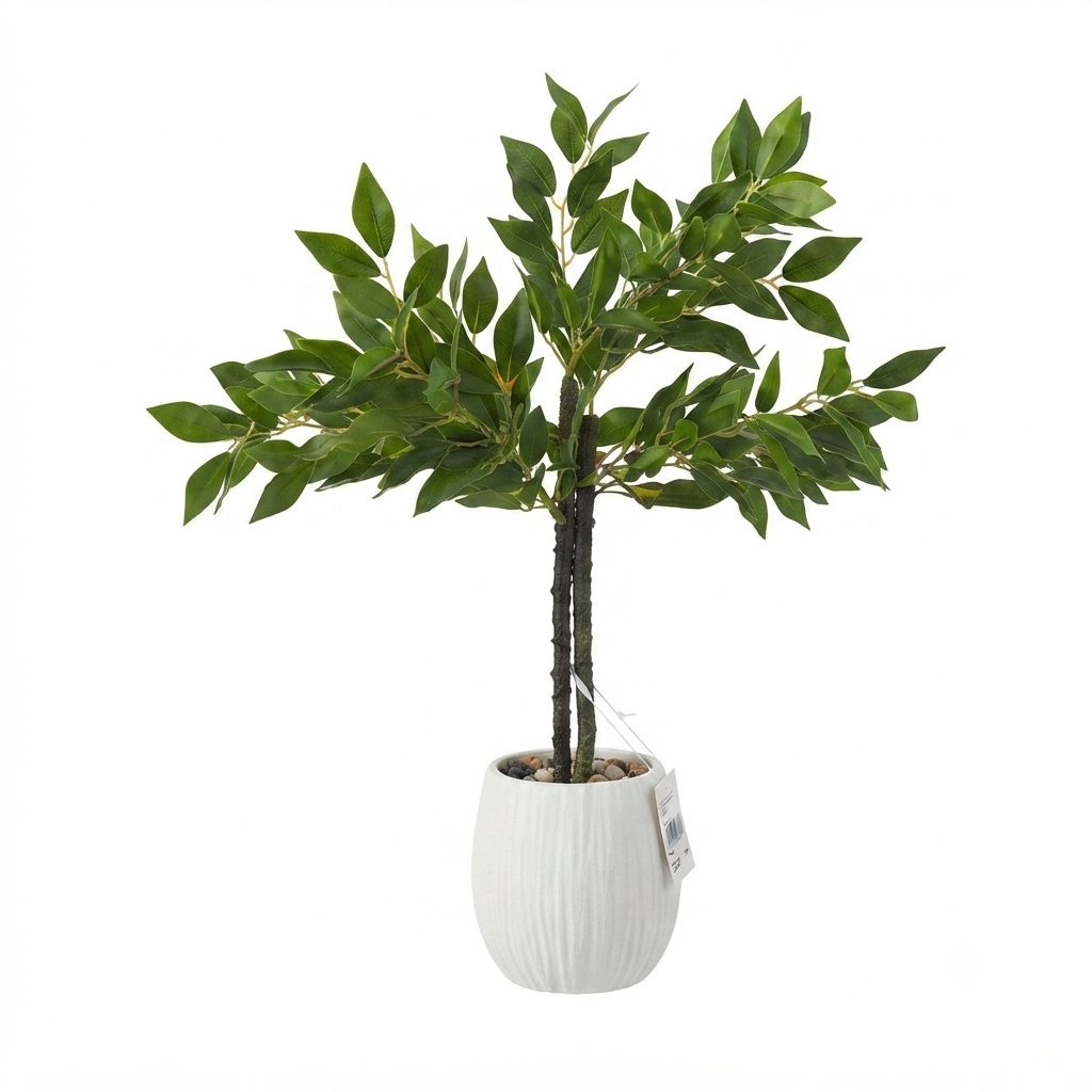 Artificial Ficus Tree in White Ribbed Ceramic Pot