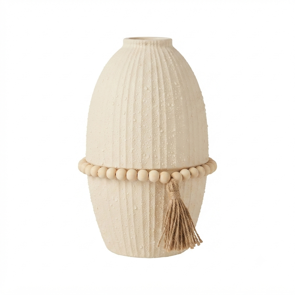 Boho Ceramic Vase with Wooden Beads & Tassel