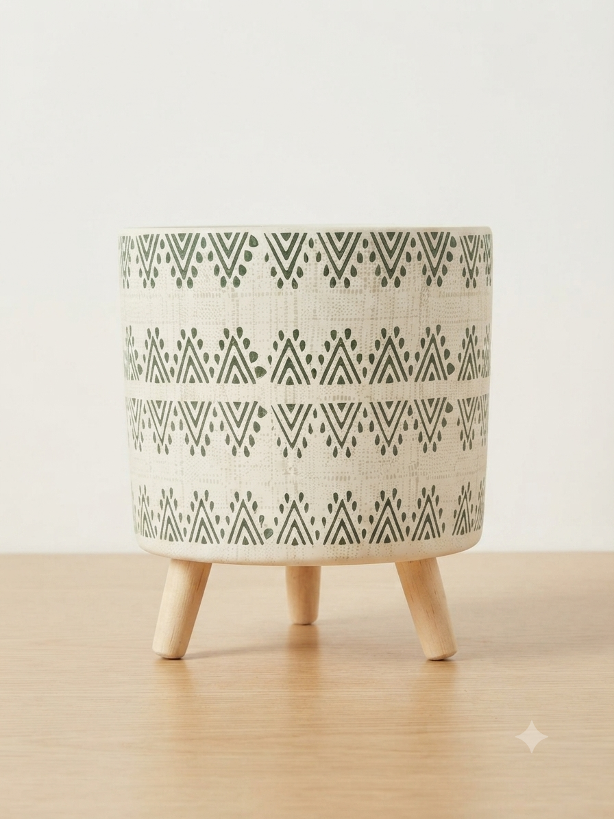 Boho Ceramic Planter with Wooden Legs