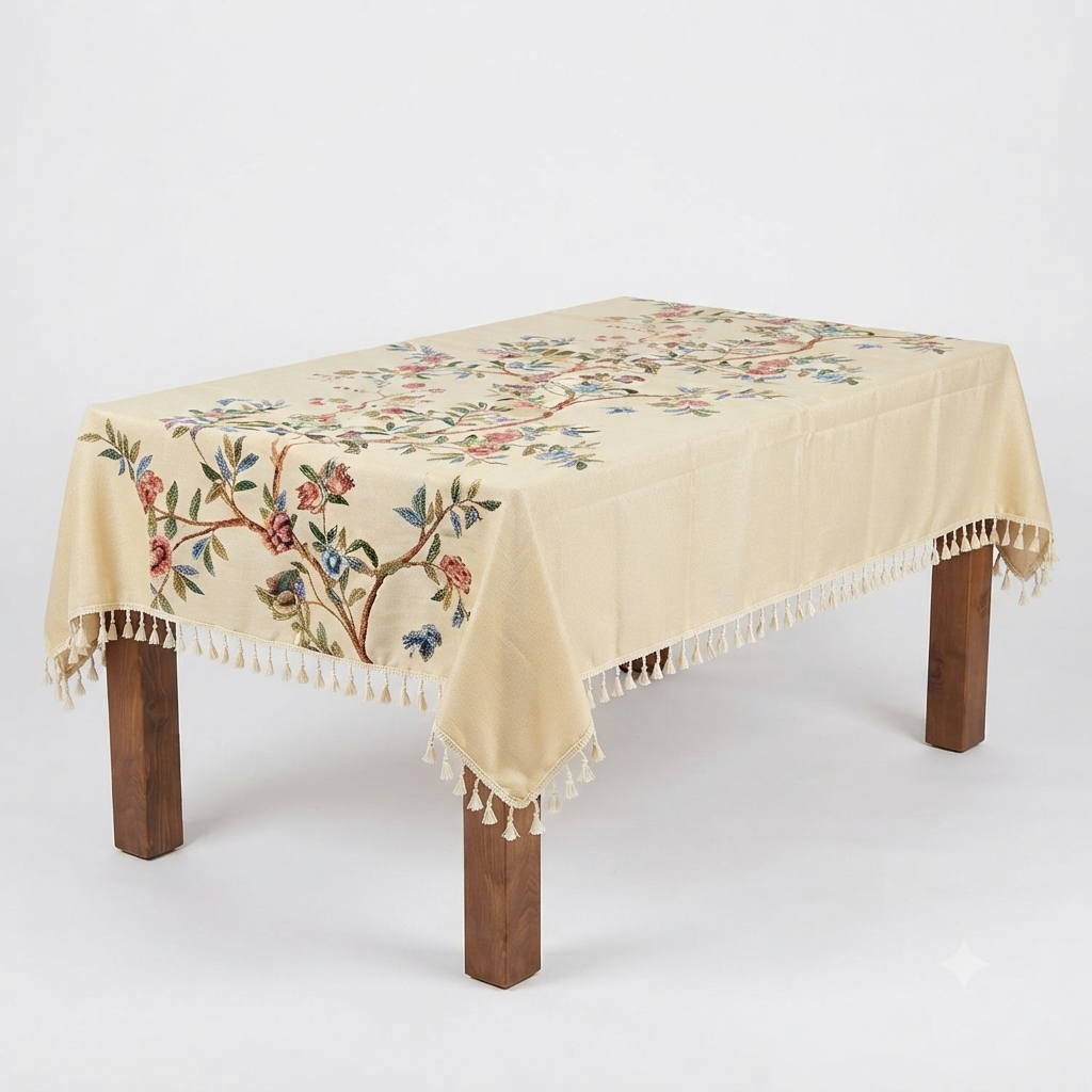 Embroidered Linen Tablecloth with Blooming Tree of Life & Tassel Trim