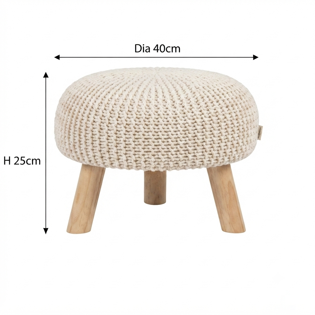 Chunky Knit Round Pouf with Wooden Legs