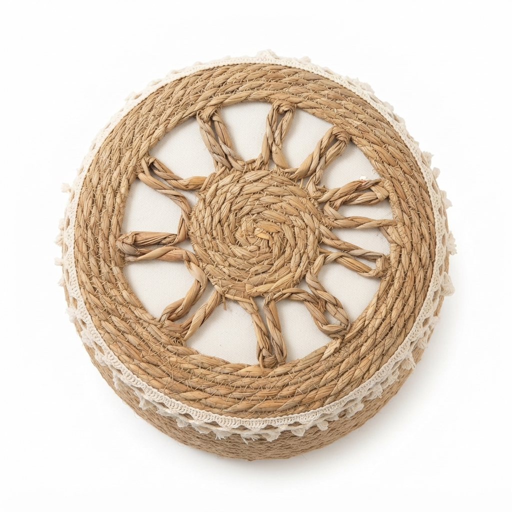 Boho Woven Straw Stool with Tassels