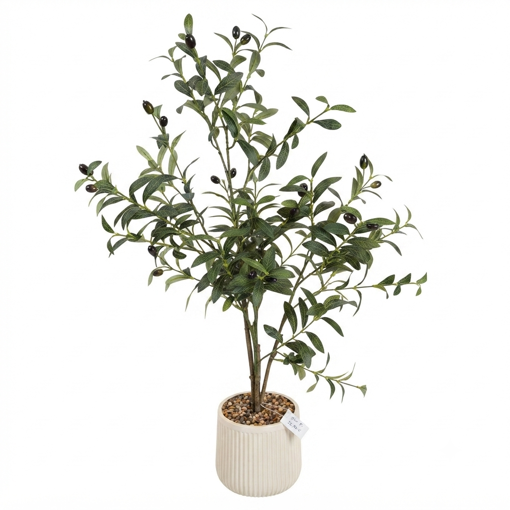 Artificial Olive Tree in White Ribbed Plastic Pot