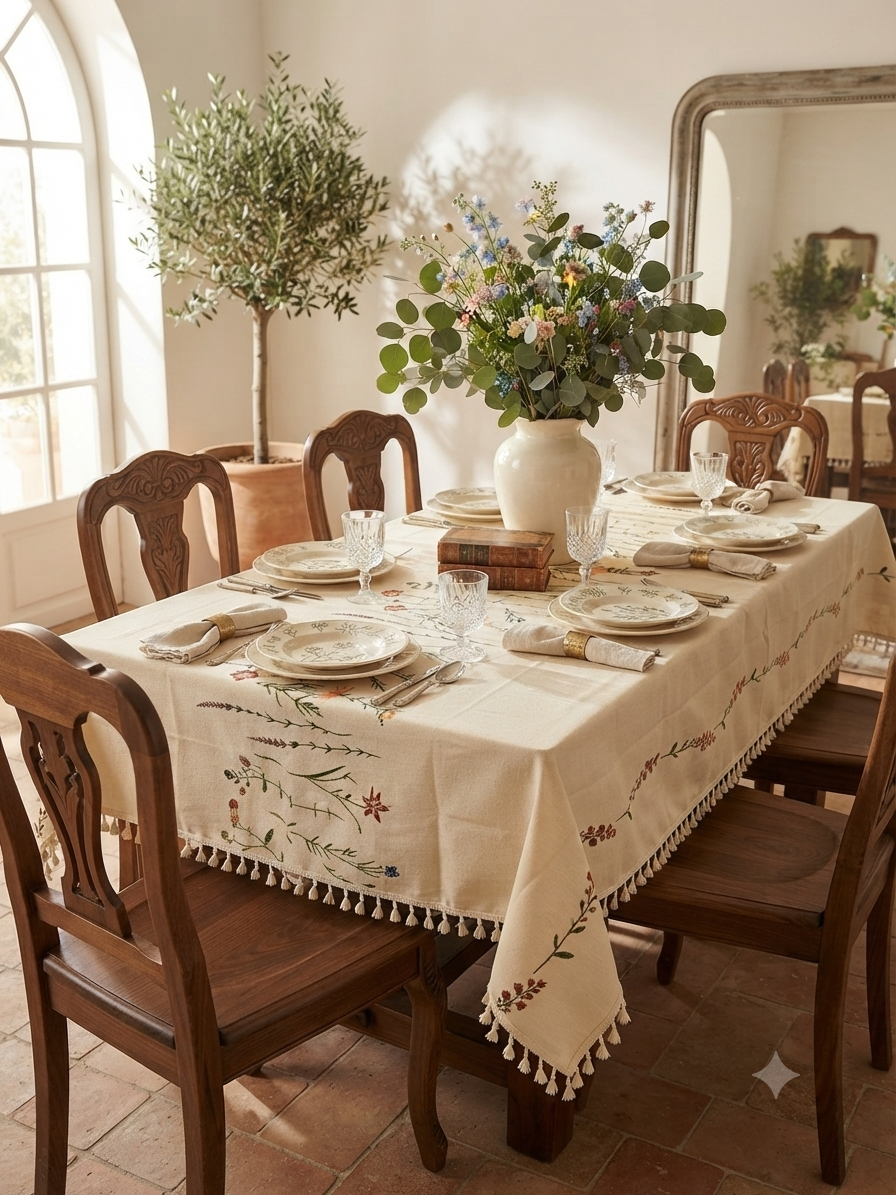 Embroidered Linen Tablecloth with Wildflower Garden & Tassel Trim