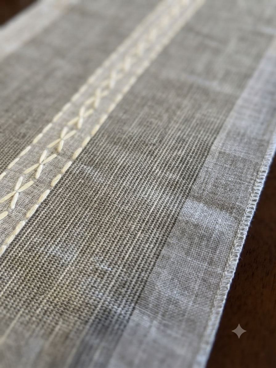Grey Linen Cross Stitch Stripe Table Runner