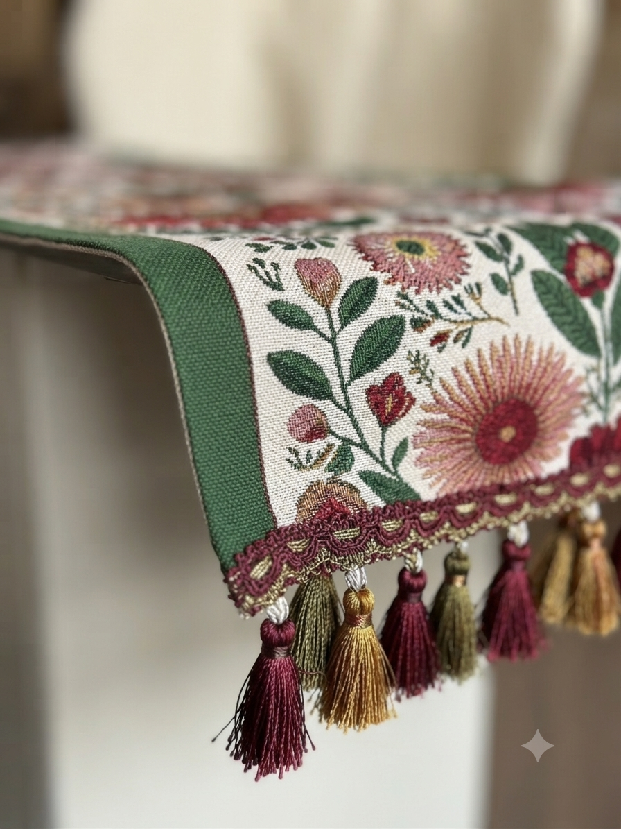 Boho Floral Embroidered Table Runner