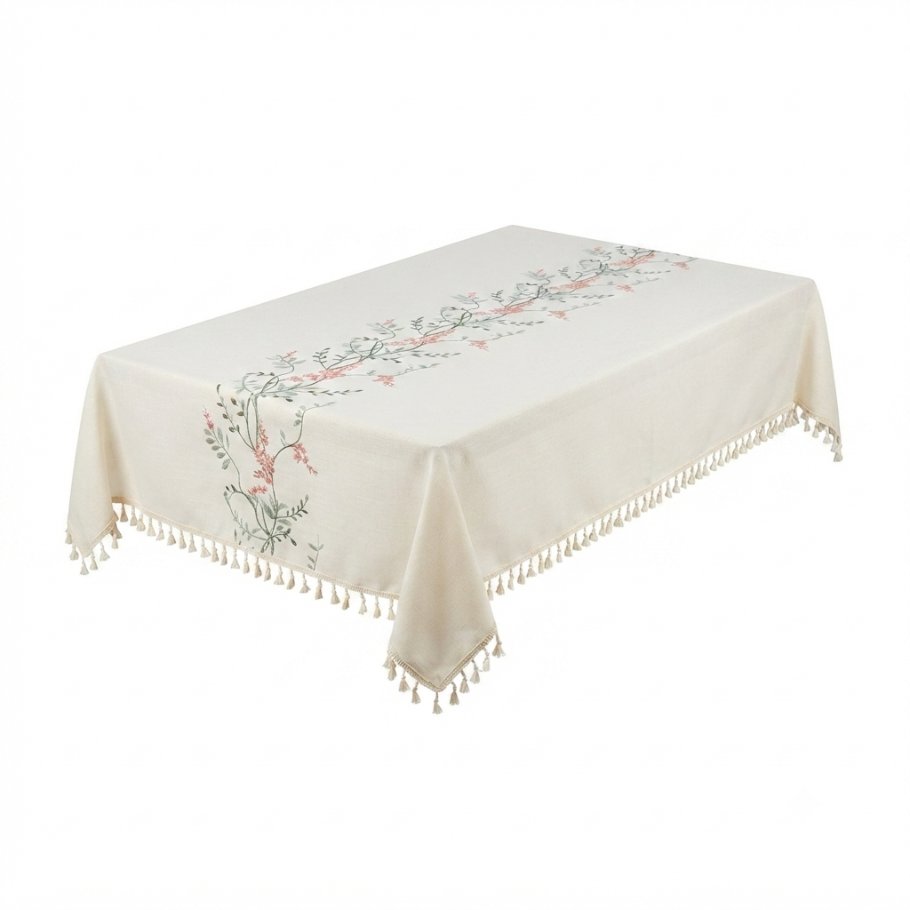 Embroidered Linen Tablecloth with Pink Floral & Tassel Trim