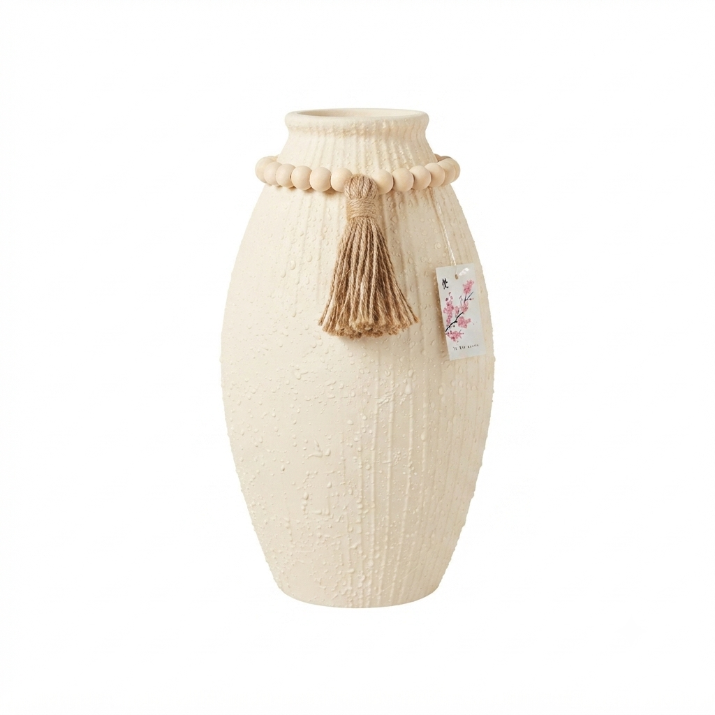 Boho Ceramic Vase with Wooden Beads & Tassel