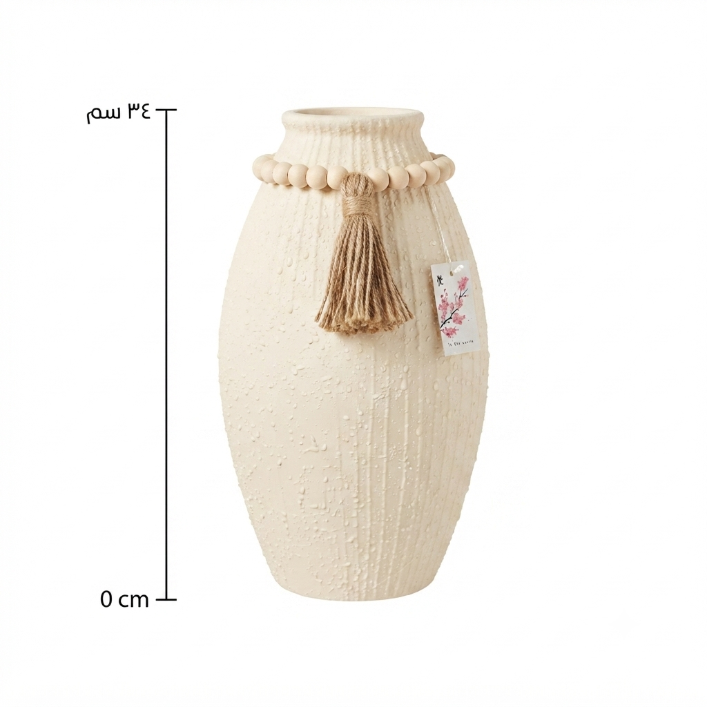 Boho Ceramic Vase with Wooden Beads & Tassel