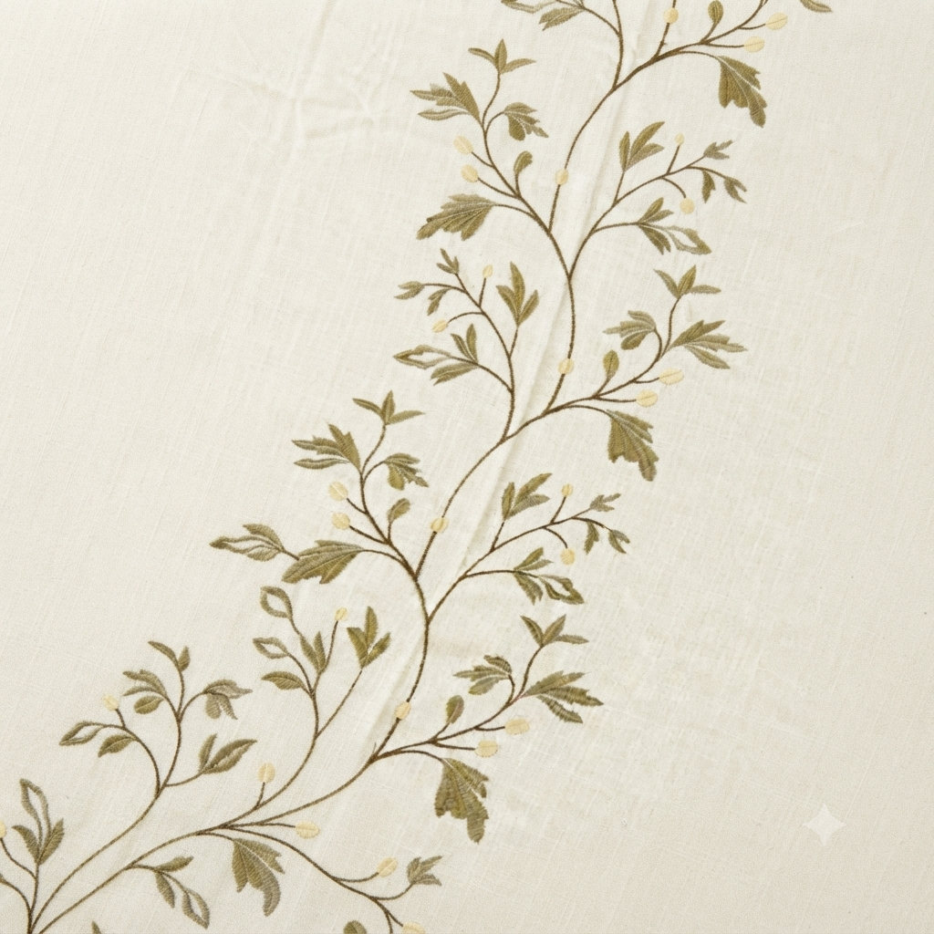 Embroidered Linen Tablecloth with Golden Leaf Vine & Tassel Trim